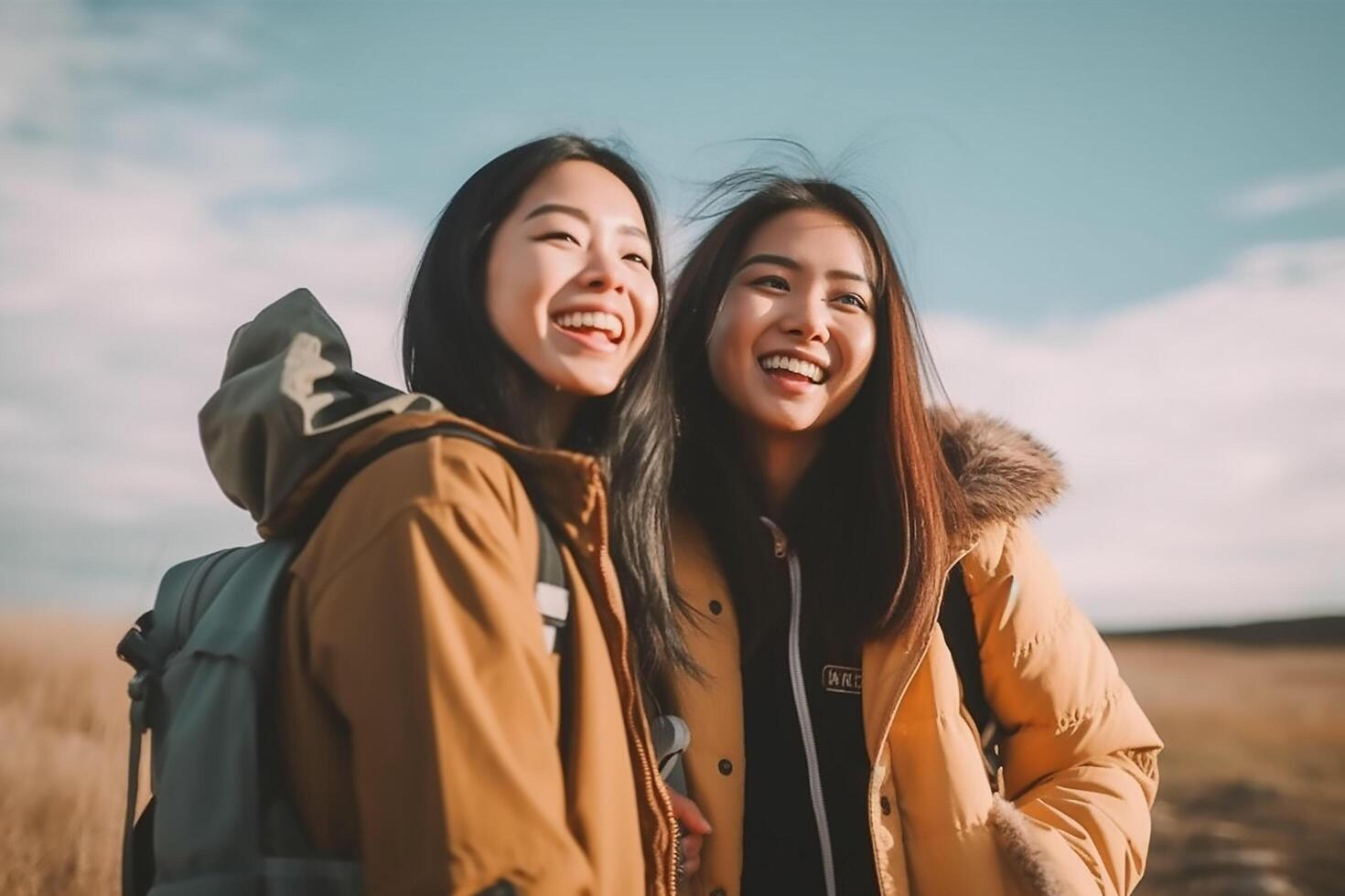 zwei glücklich Frauen wandern, ai generiert foto