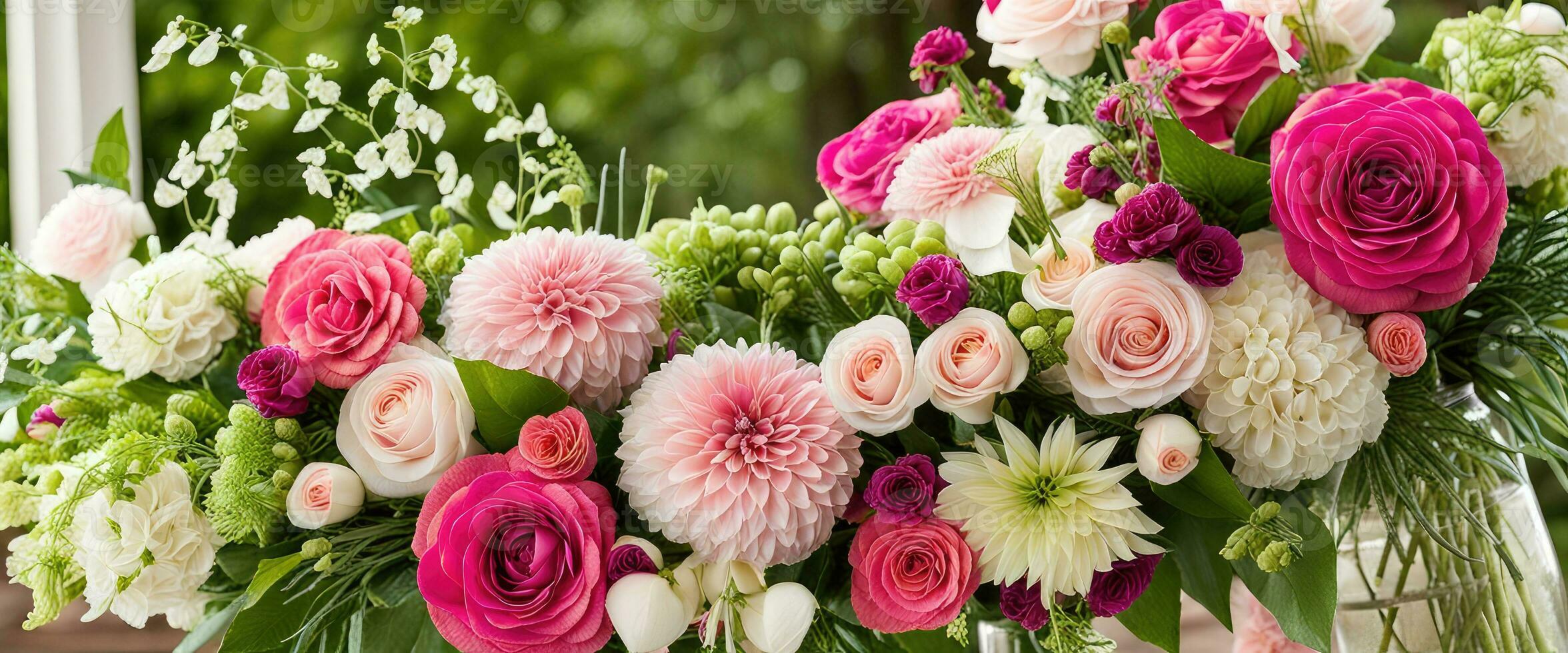 Blumen- Konzept Hintergrund Nahansicht schön Blumen Dekor im Hochzeit Umgebung erstellt mit ai generativ foto