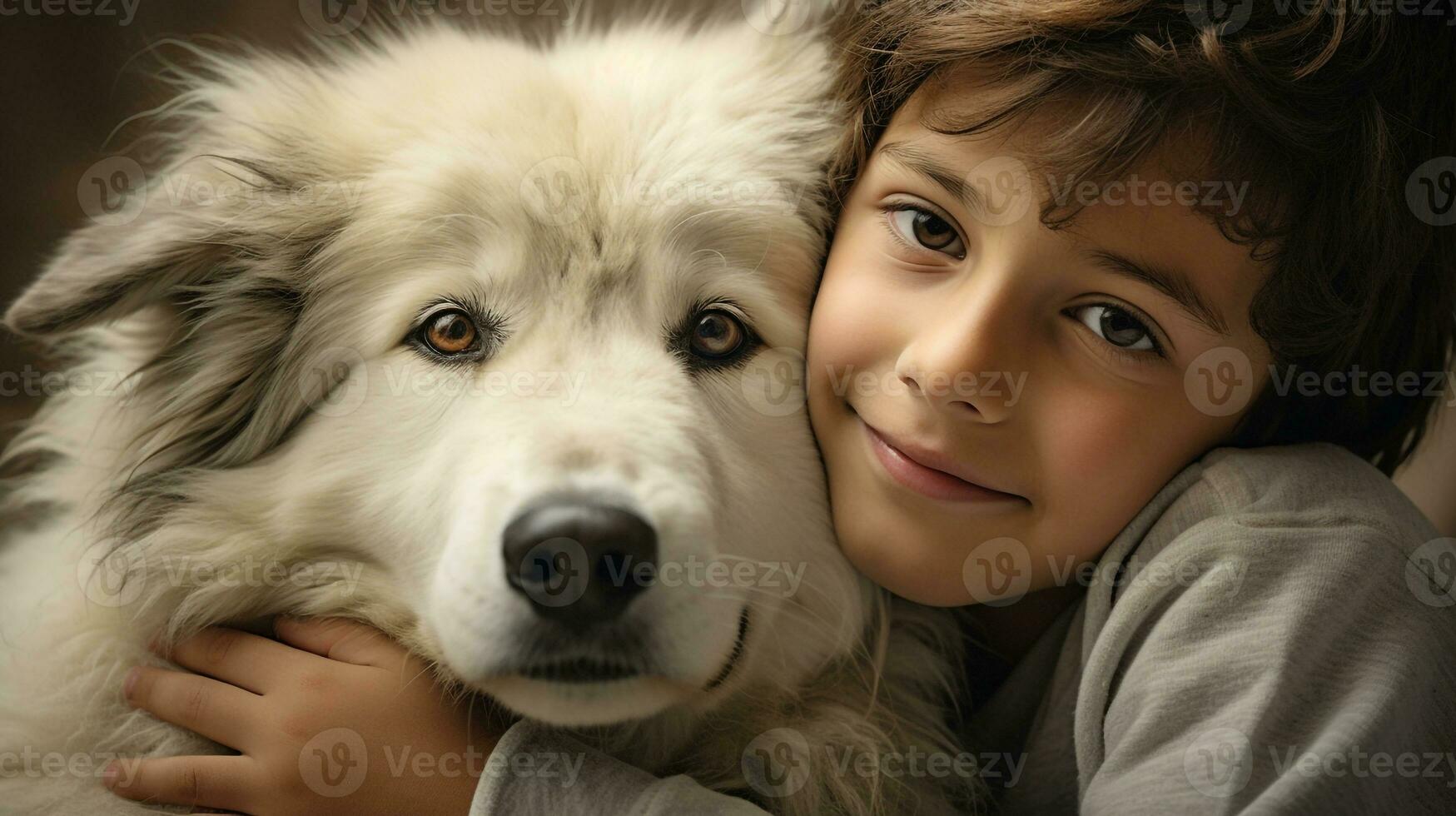 Selfie Foto von ein wenig Junge mit seine Hund . generativ ai