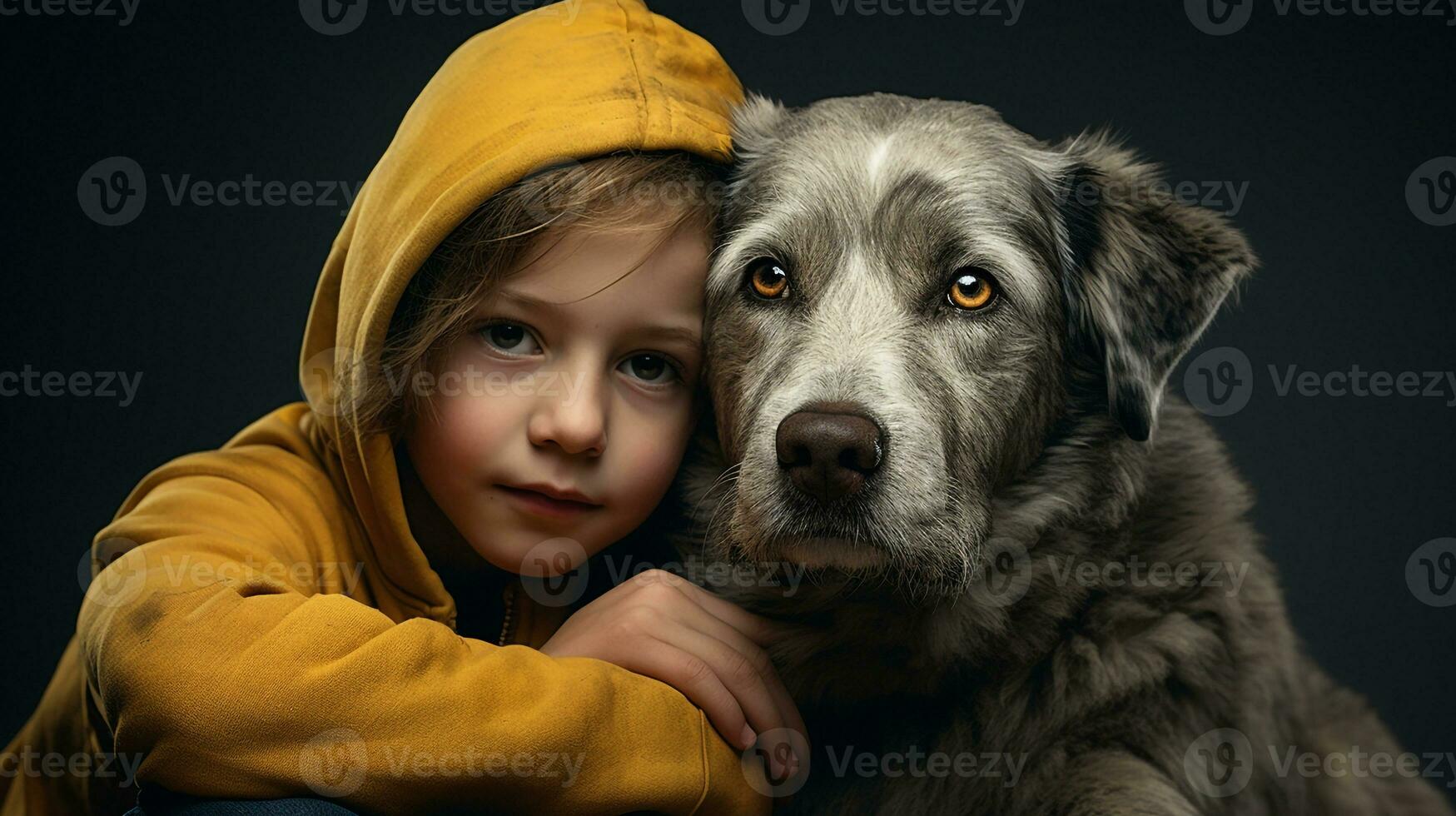 Selfie Foto von ein wenig Junge mit seine Hund . generativ ai