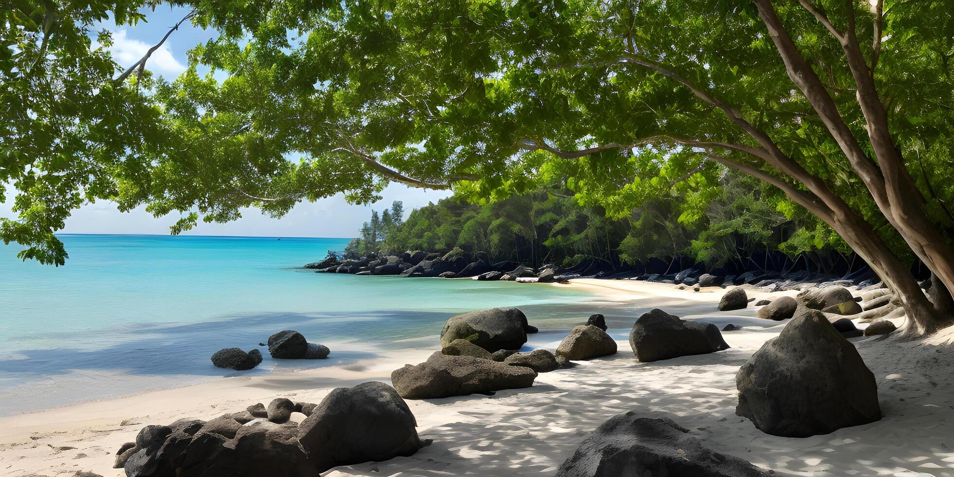 entspannend szenisch Strand Frühling Sommer- durch Grün Laub von Bäume und Felsen. ai generativ foto