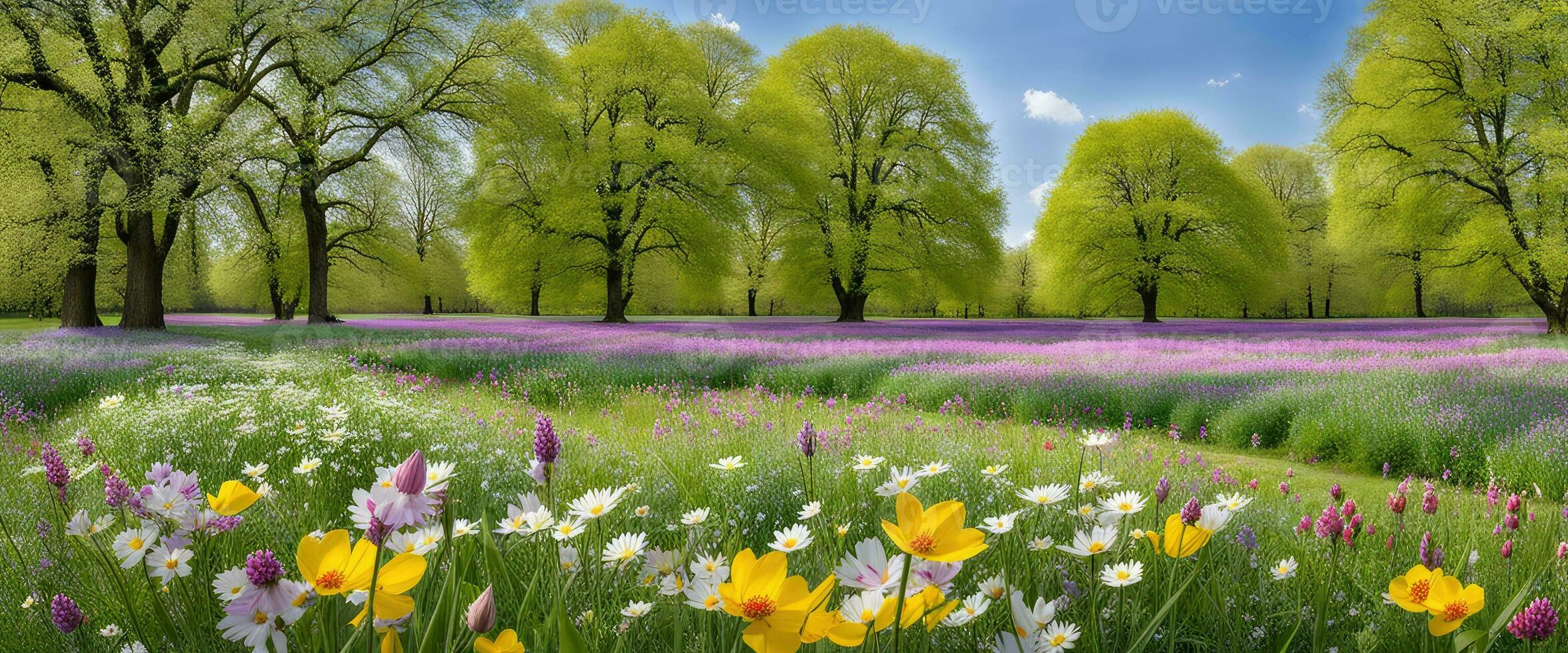 Landschaft Konzept Hintergrund schön Wiesen umgeben durch Blühen Blumen im Frühling erstellt mit ai generativ foto