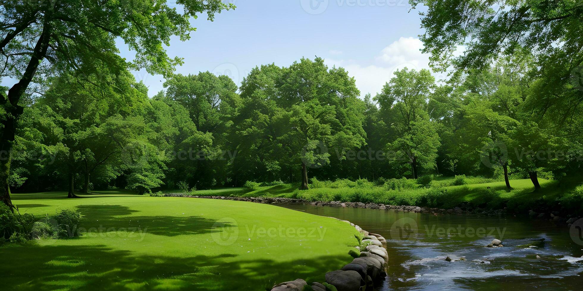 Frühling Konzept Hintergrund idyllisch Natur Landschaft durch Grün Gras Vordergrund. ai generativ foto