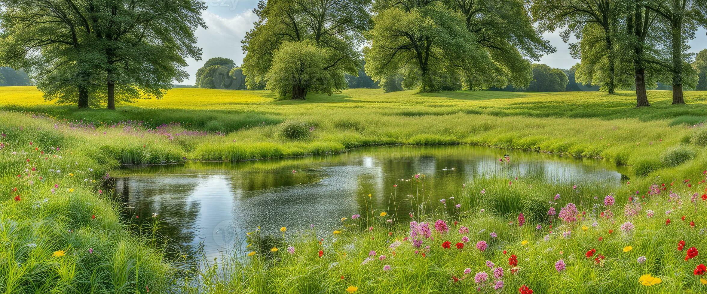 Landschaft Konzept Hintergrund schön Wiesen und natürlich Teich im Sommer erstellt mit ai generativ foto