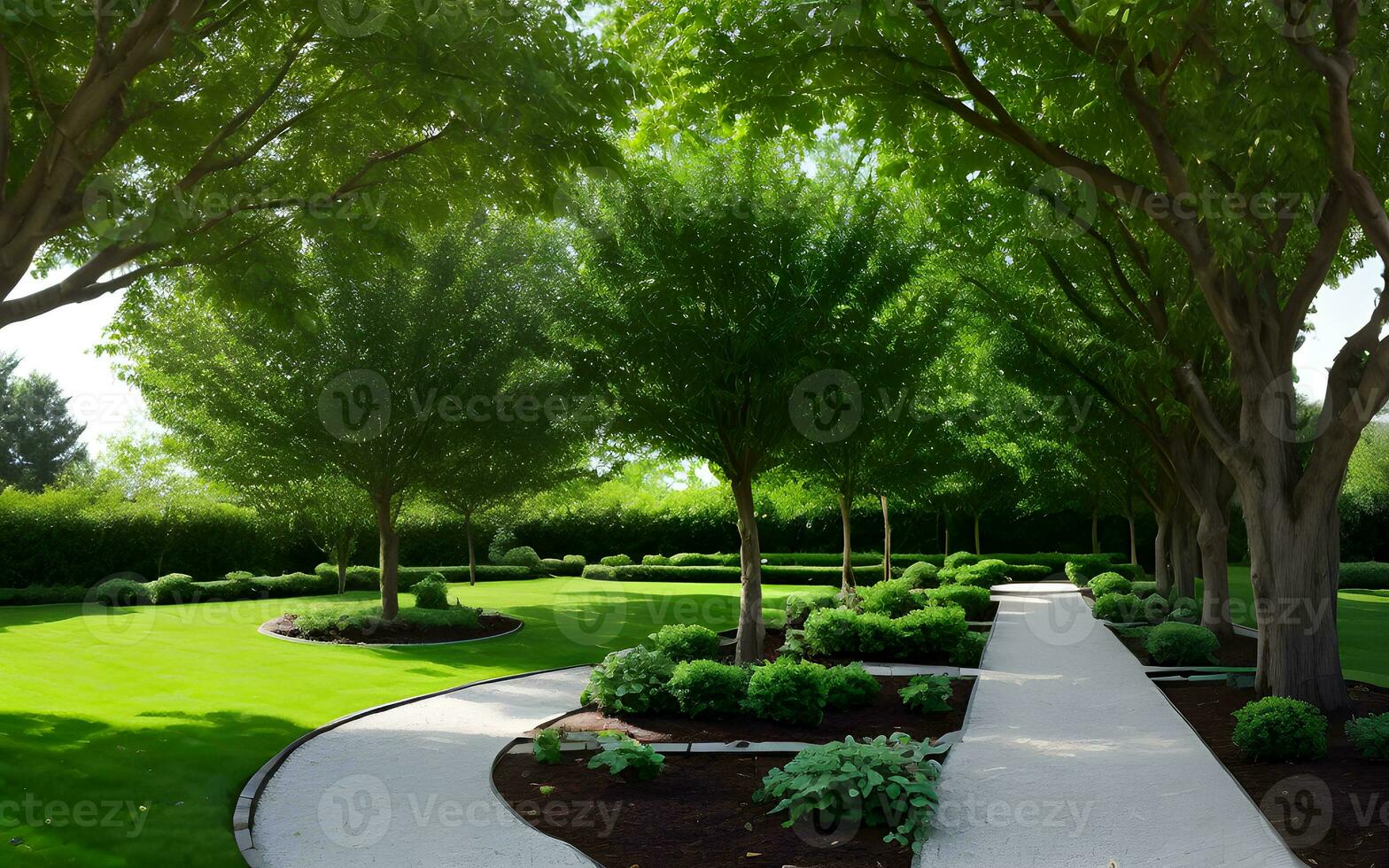 szenisch Bäume Garten Umgebung Frühling Sommer- Grün Blätter. ai generativ foto