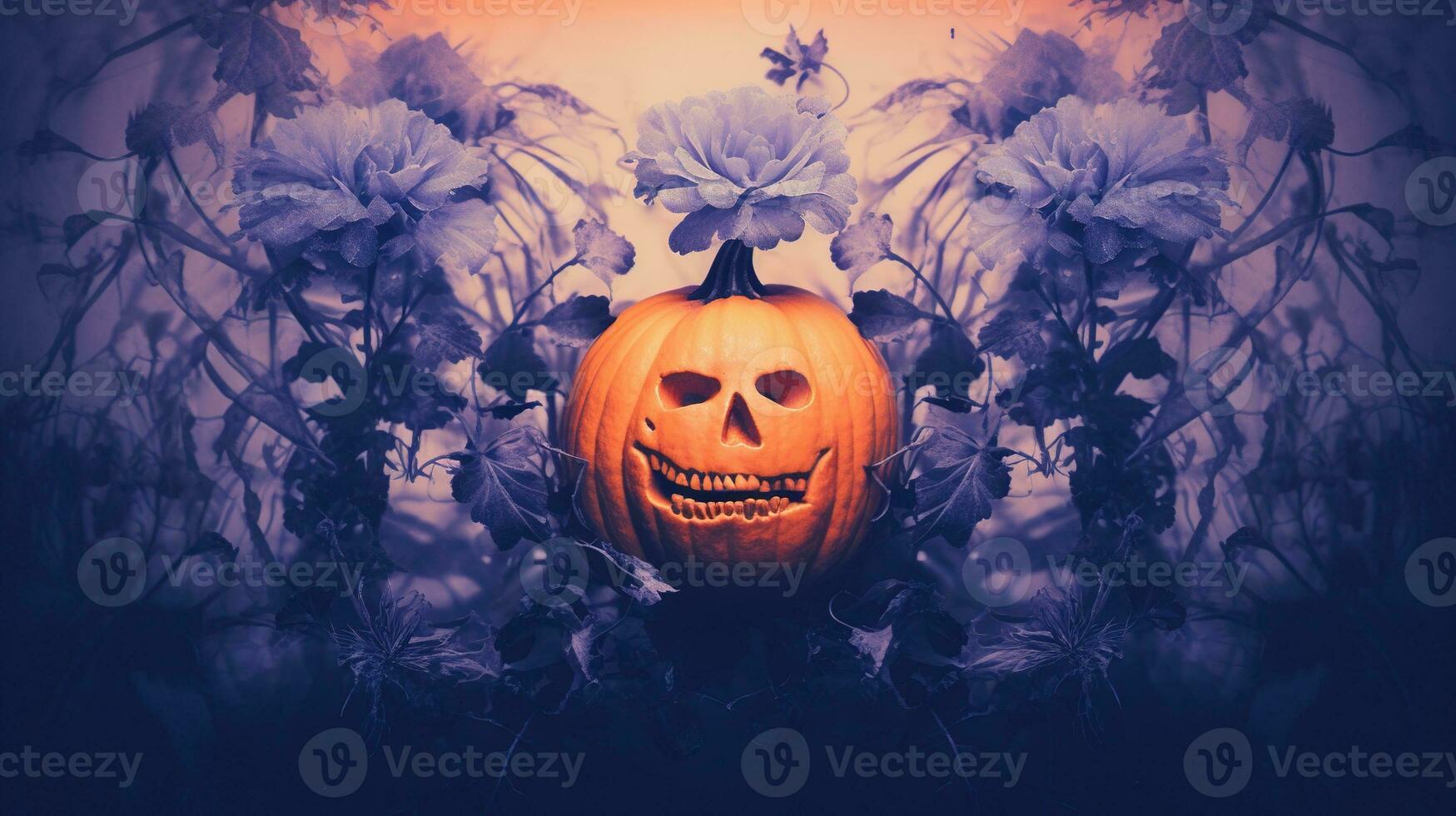 generativ ai, Halloween Duotone Hintergrund mit Blumen und Kürbis foto