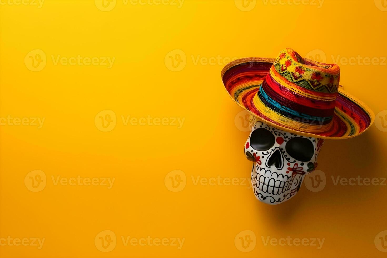 Mexikaner Zucker Schädel mit Sombrero und Hut auf Gelb Hintergrund mit Copyspace foto