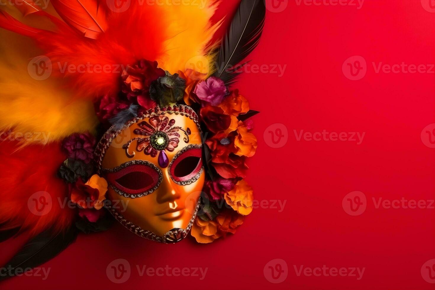 schön Karneval Maske mit Gefieder auf rot Hintergrund mit Copyspace foto