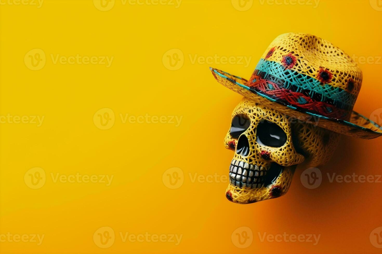 Mexikaner Zucker Schädel mit Sombrero und Hut auf Gelb Hintergrund mit Copyspace foto