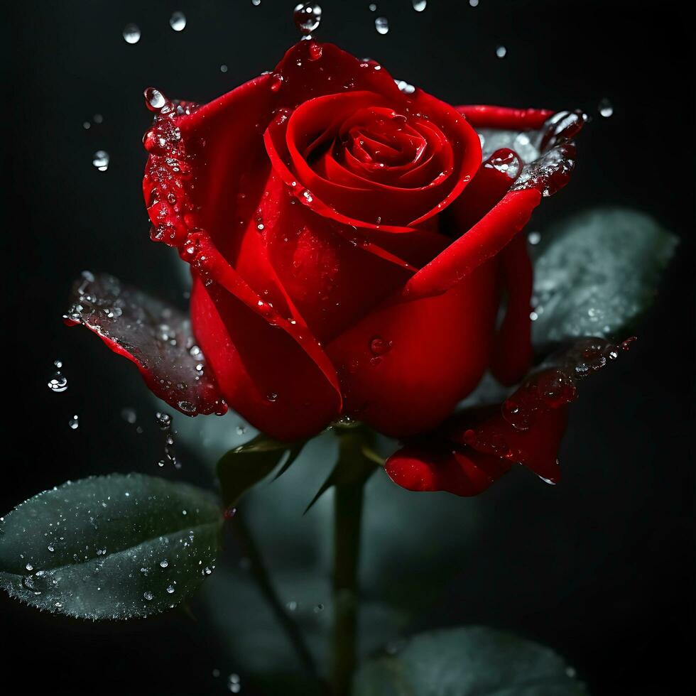 ein rot Rose Blume mit Wasser fallen im dunkel Thema generativ ai foto