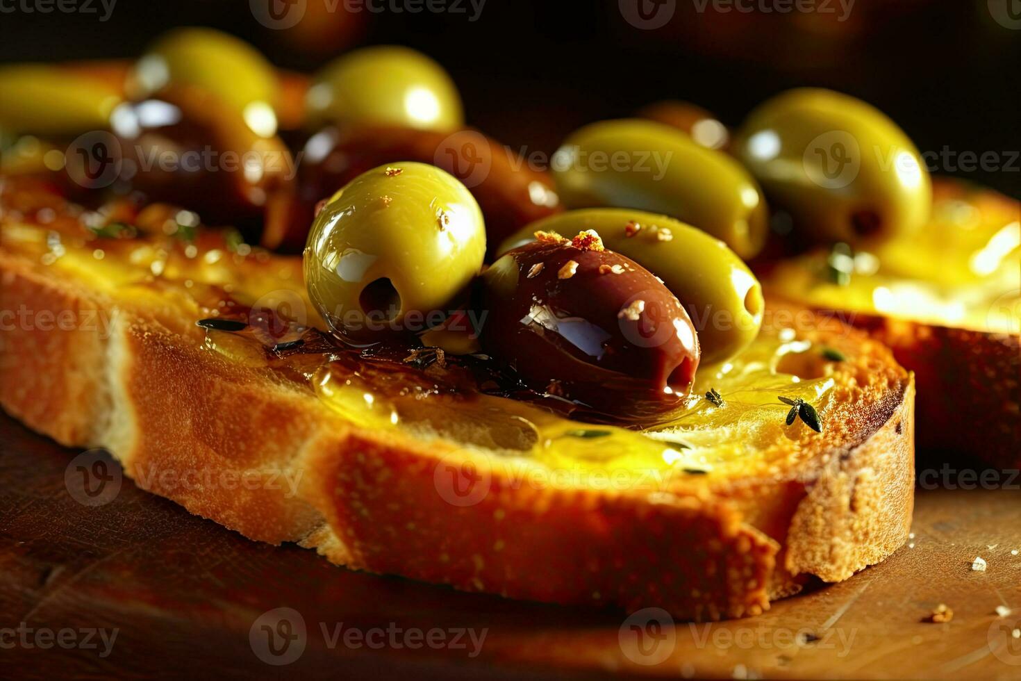 Oliven Toast, Makro Schuss von ein frisch Frühstück, ai generiert foto