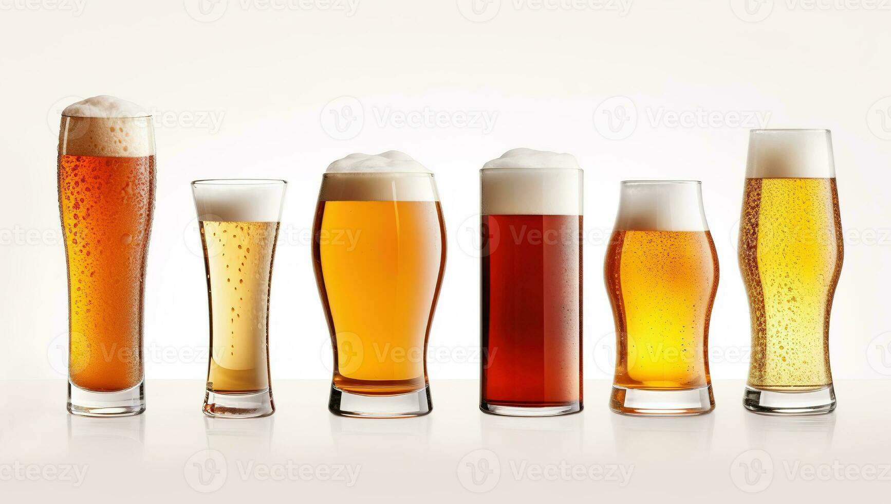 ein Vielfalt von Biere im Glas Brille. Kunst Bier einstellen auf ein Weiß Hintergrund. ai generiert. foto