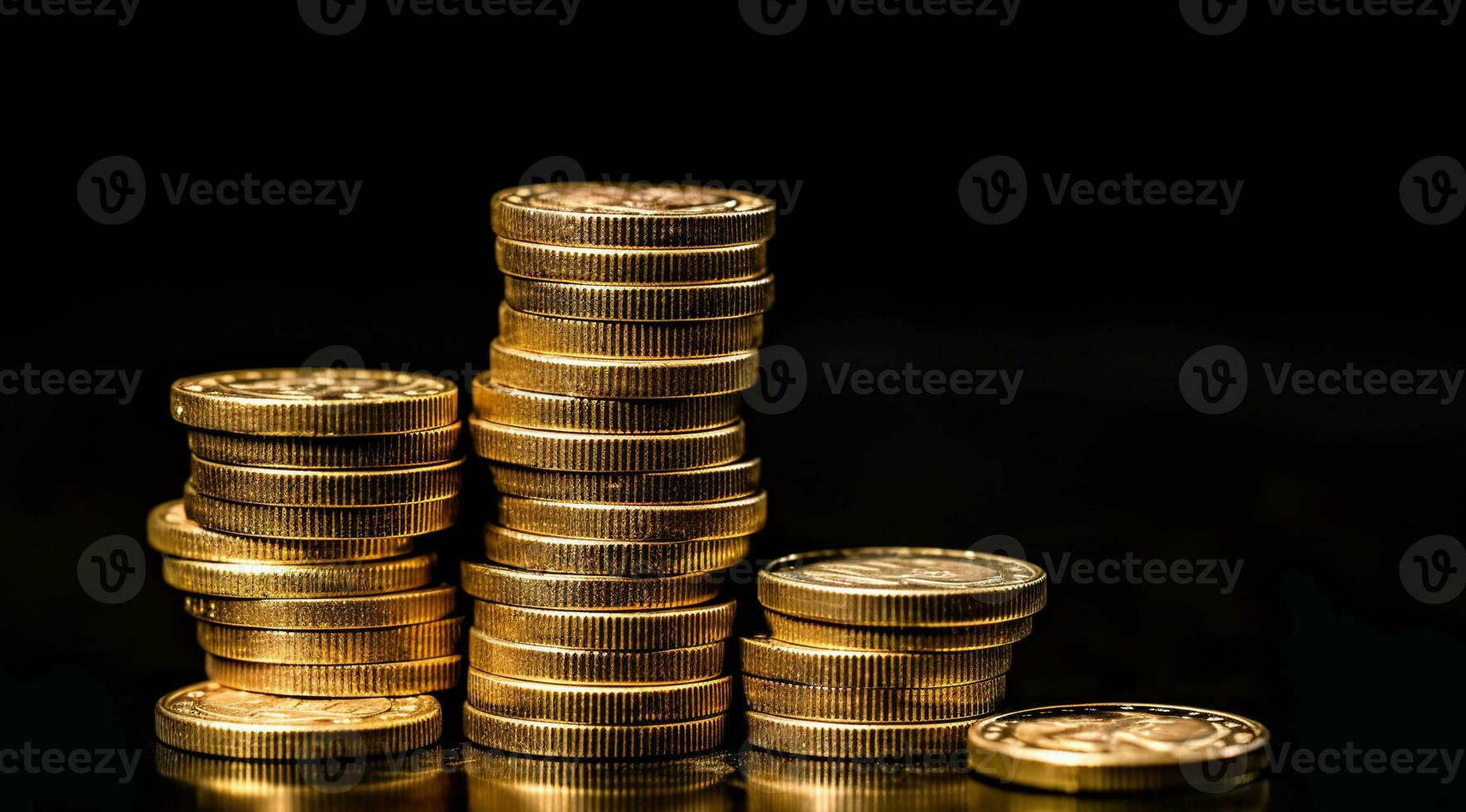 Stapel von Gold Münzen auf ein schwarz Hintergrund. Finanzen und Geld. ai generiert foto