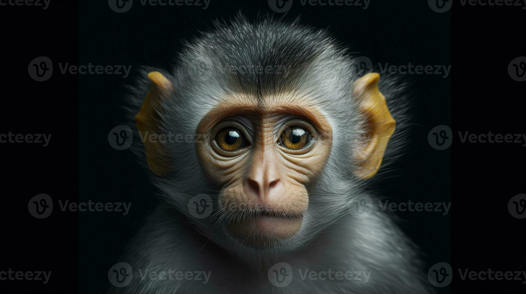 Porträt von ein Affe Nahansicht auf schwarz Hintergrund. generativ ai. foto