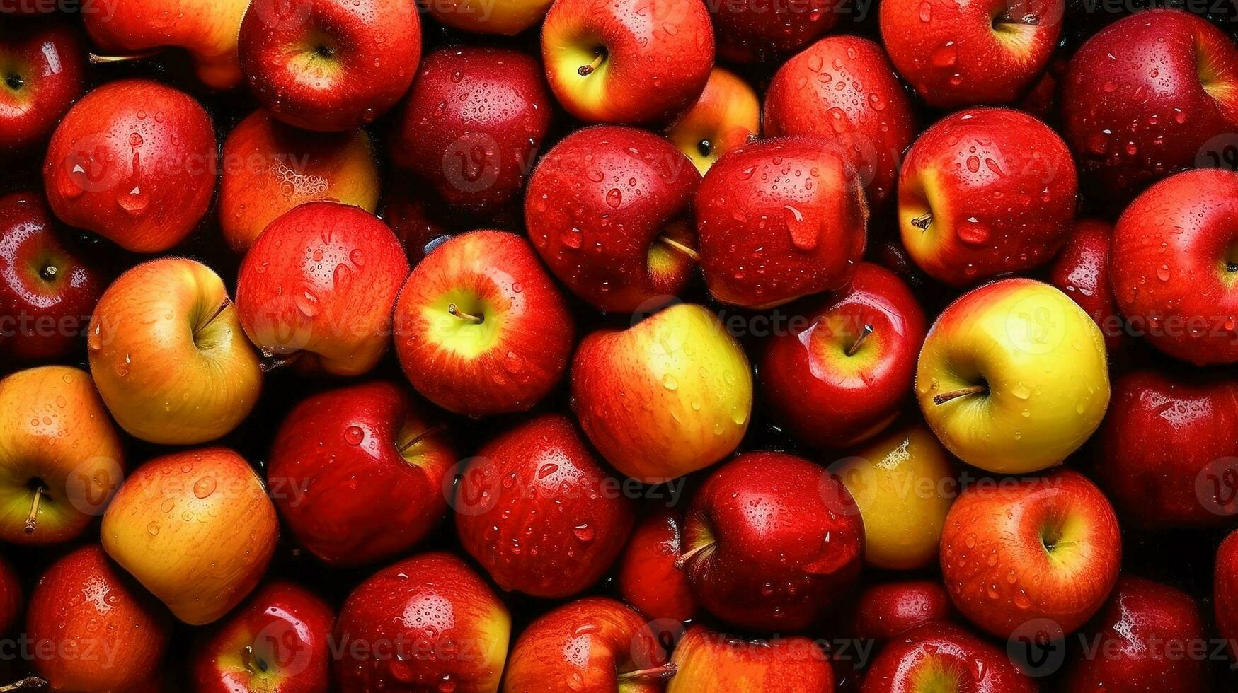 rot Gelb nass Äpfel im groß Mengen.hell bunt Apfel Hintergrund. ai generiert foto