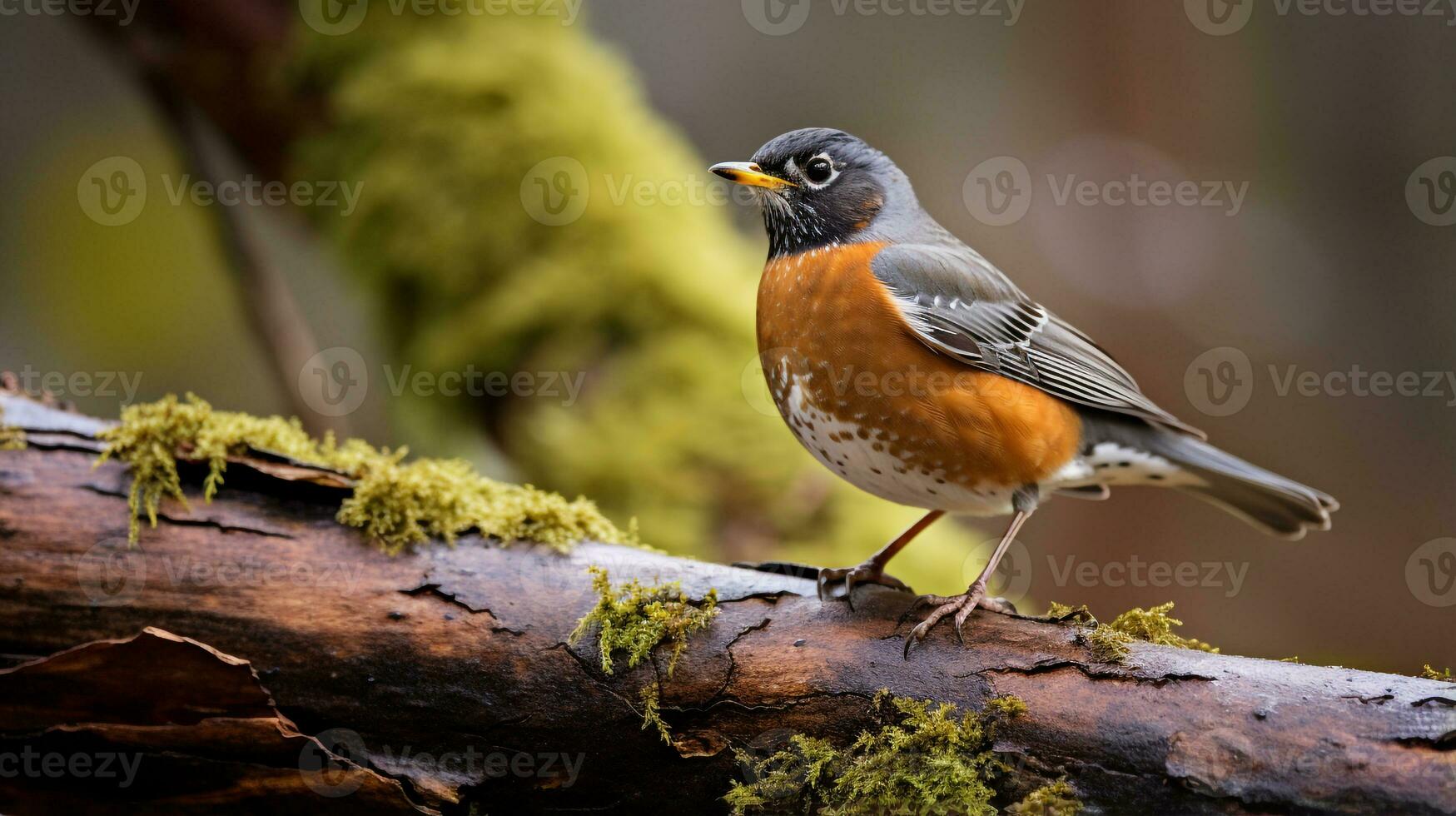 Foto von ein amerikanisch Robin Stehen auf ein gefallen Baum Ast beim Morgen