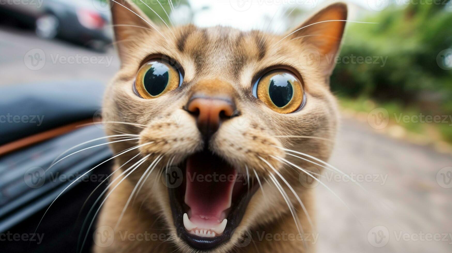 Nahansicht Foto von ein komisch schockiert birmanisch Katze kleben aus seine Zunge. generativ ai