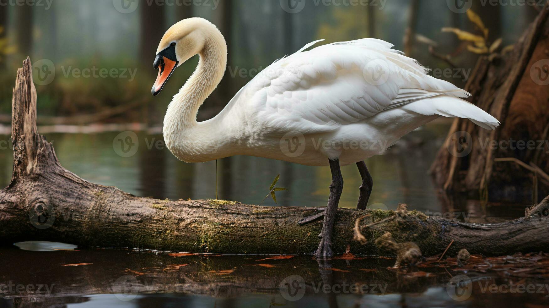 Foto von ein Schwan Stehen auf ein gefallen Baum Ast beim Morgen. generativ ai