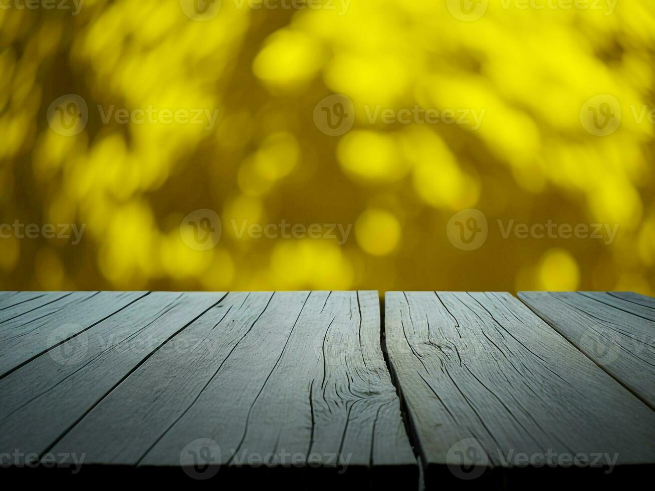 hölzern Tabelle und verwischen tropisch Gelb Farbe Hintergrund, Produkt Anzeige Montage. hoch Qualität Foto 8 Tausend fhd ai generiert