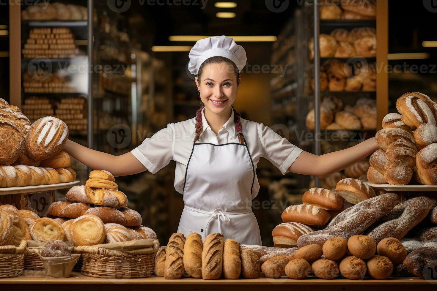 Porträt von ein erfolgreich weiblich Bäckerei Inhaber foto