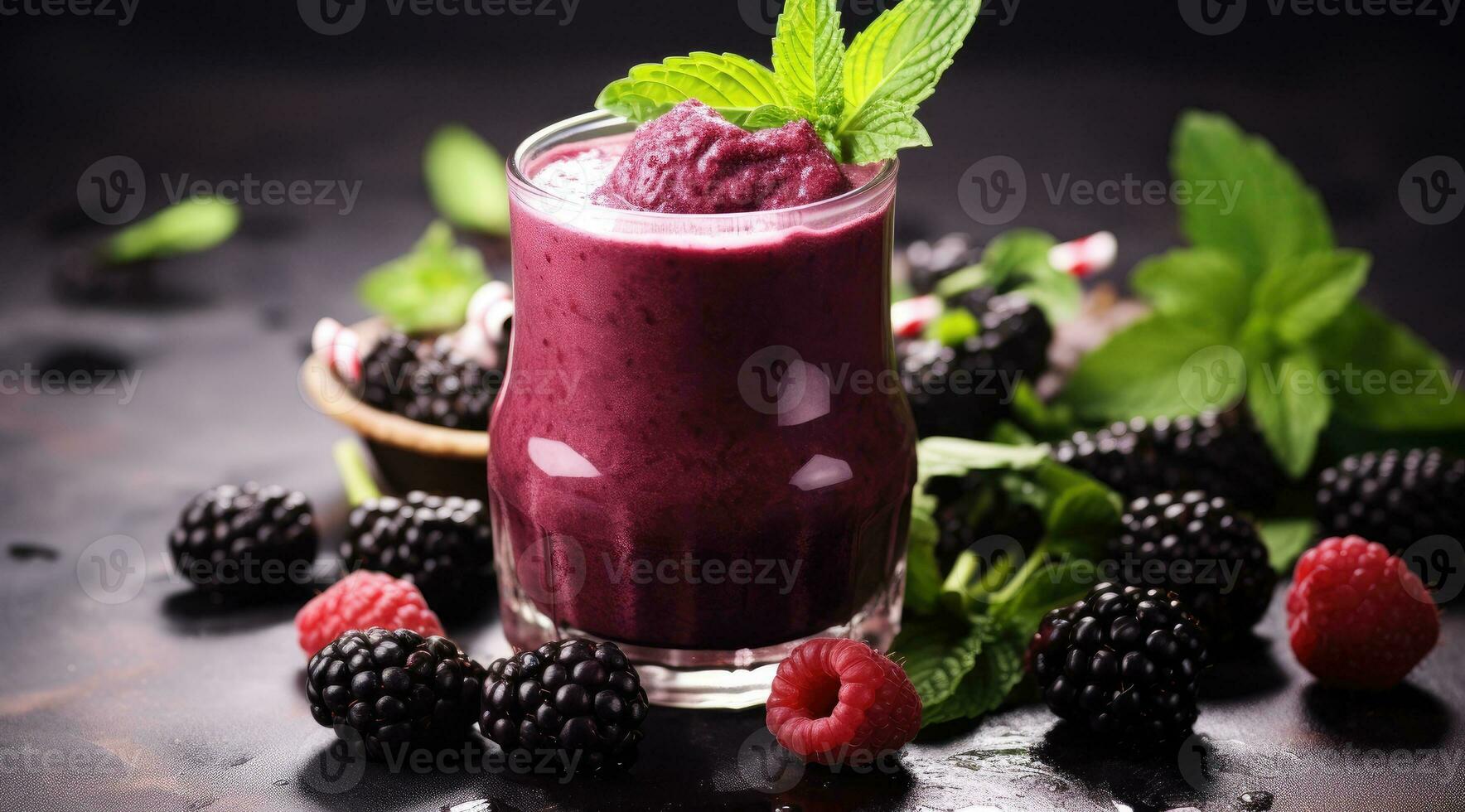 Brombeere Smoothie selektiv Fokus Entgiftung Diät Essen Vegetarier Essen gesund Essen Konzept. foto