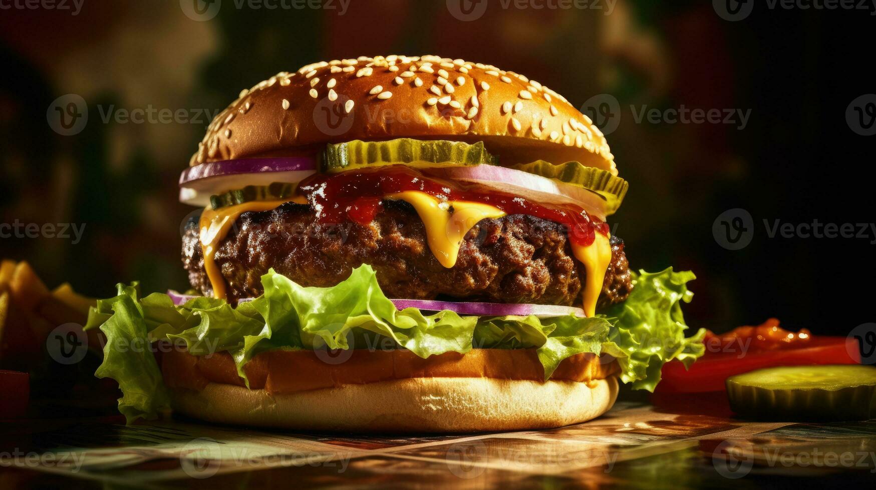 ein Nahansicht Zeitschrift Qualität Schuss von ein üppig Hamburger ai generiert foto