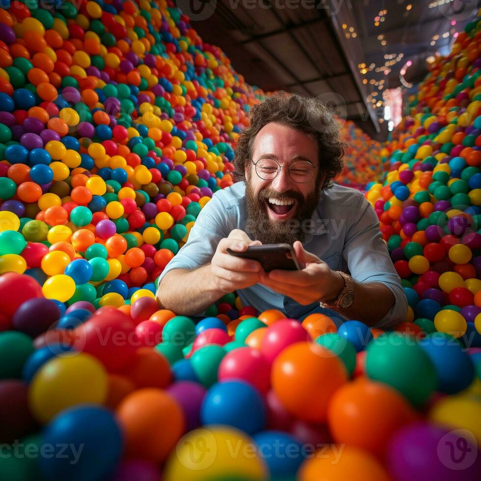 Freude entfesselt - - Mann jongliert Arbeit Anrufe im kindlich Ball Grube abspielen ai generativ foto