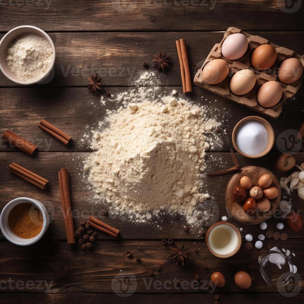 von oben nach unten Aussicht von roh Plätzchen Teig und Backen Zutaten Erfassen das Freude von Backen ai generativ foto