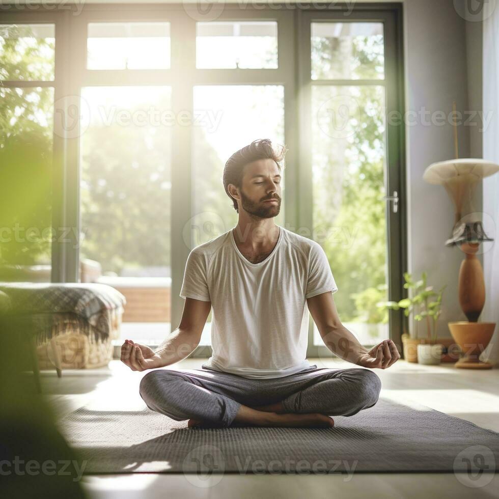 ein jung Mann üben Yoga im ein hell Leben Zimmer gefüllt mit heiter Energie ai generativ foto