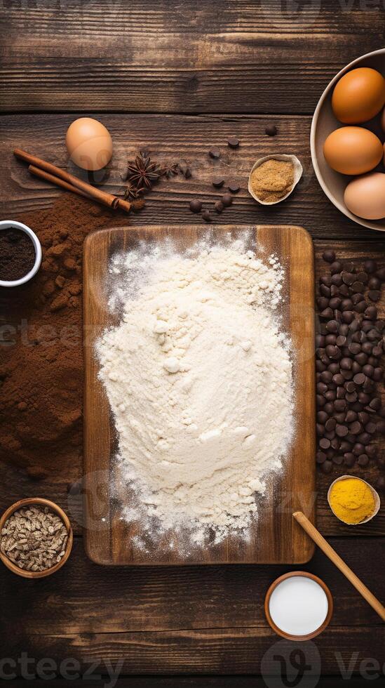 von oben nach unten Aussicht von roh Plätzchen Teig und Backen Zutaten Erfassen das Freude von Backen ai generativ foto