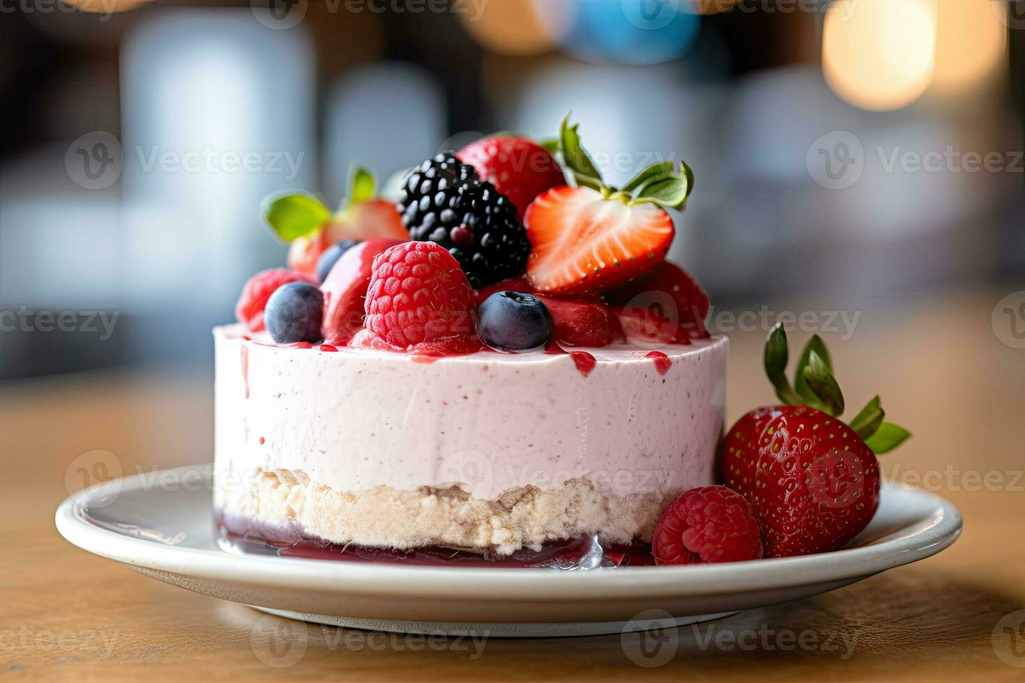 Scheibe von Erdbeere Käsekuchen auf ein Platte, ai generiert foto