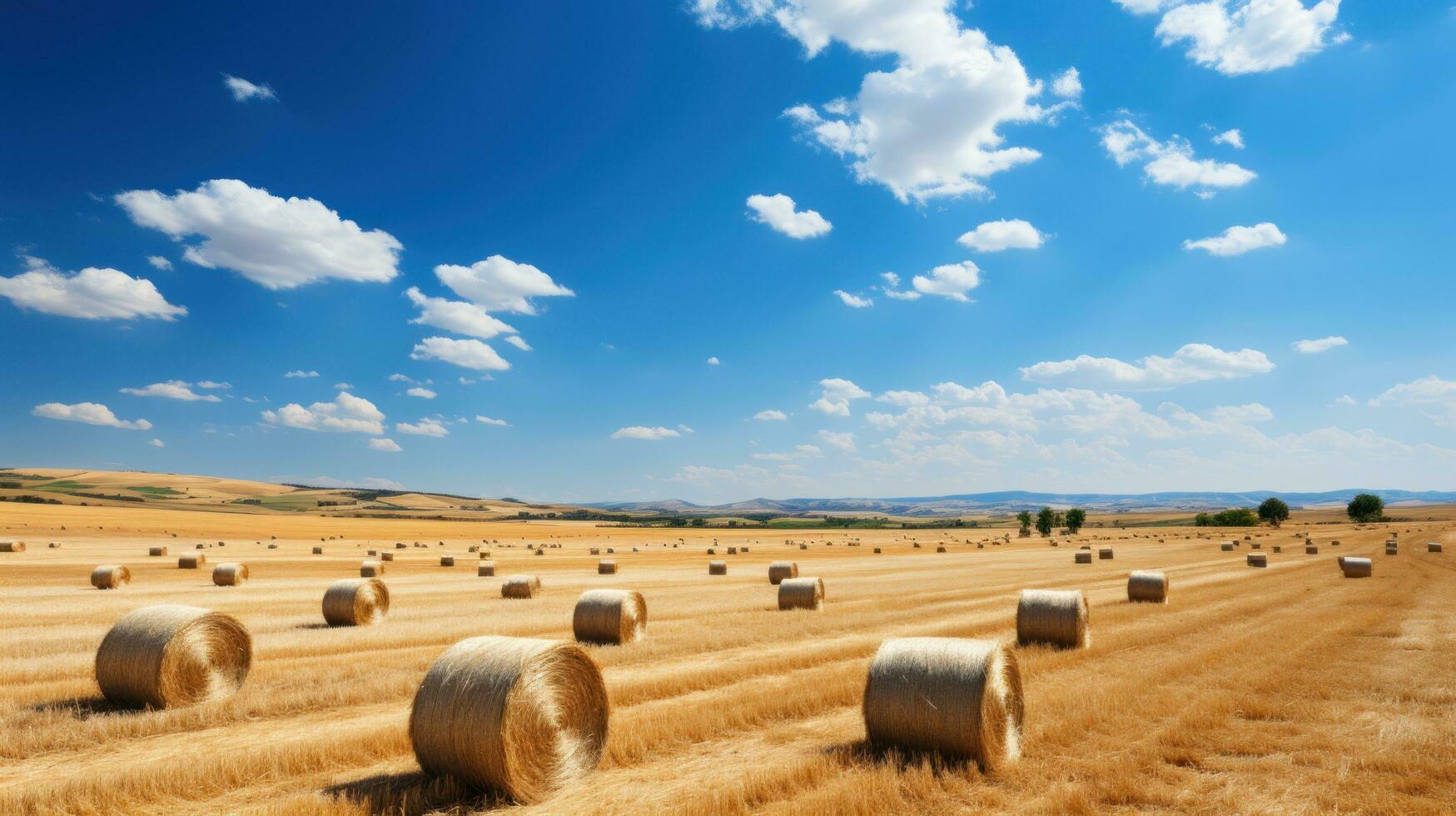 ai, ai generiert, ein malerisch landwirtschaftlich Szene mit golden Heu Ballen im ein rustikal Feld, Erfassen das Wesen von ein reichlich Sommer- ernten foto