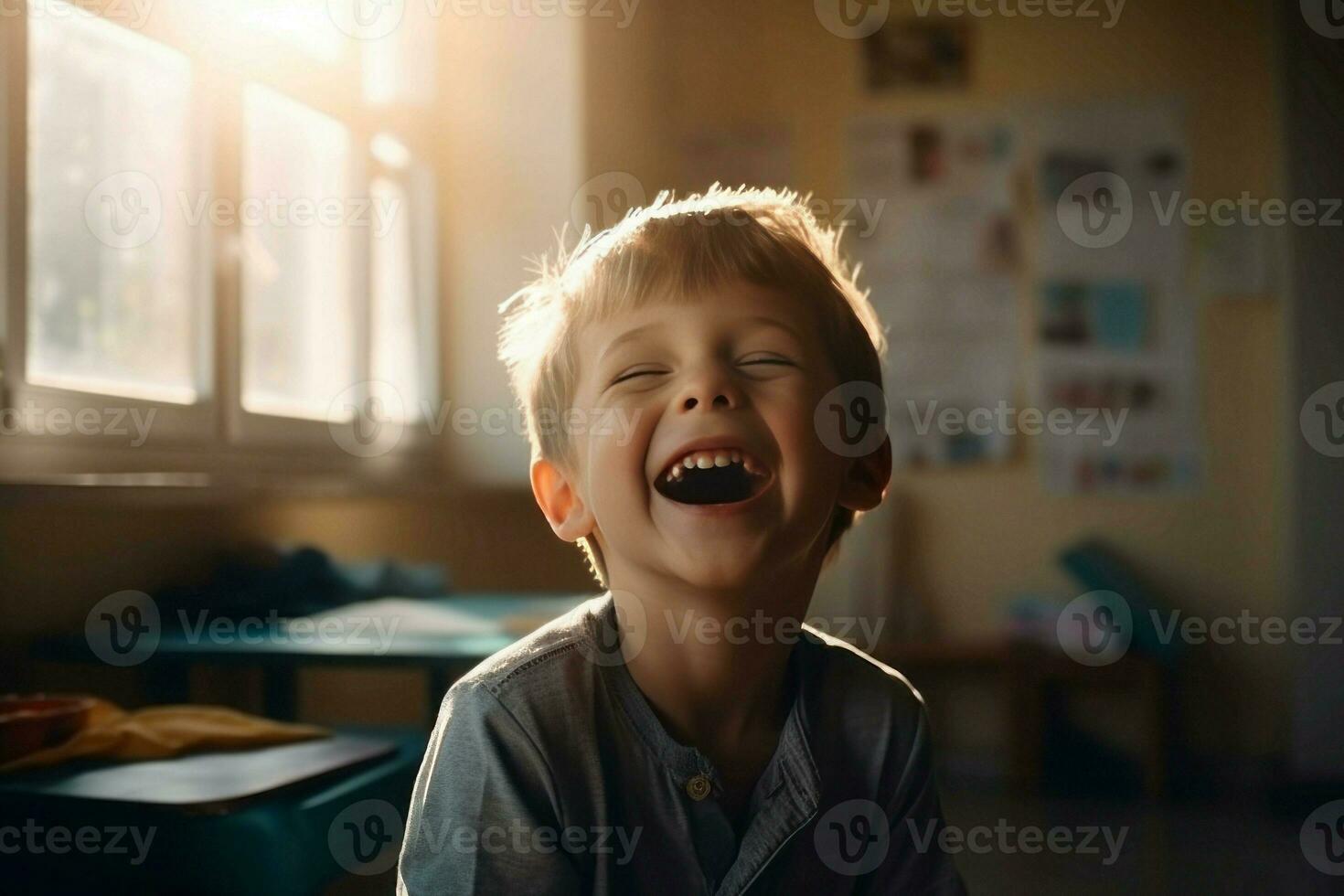 Lachen Kind Klassenzimmer beim Morgen. generieren ai foto