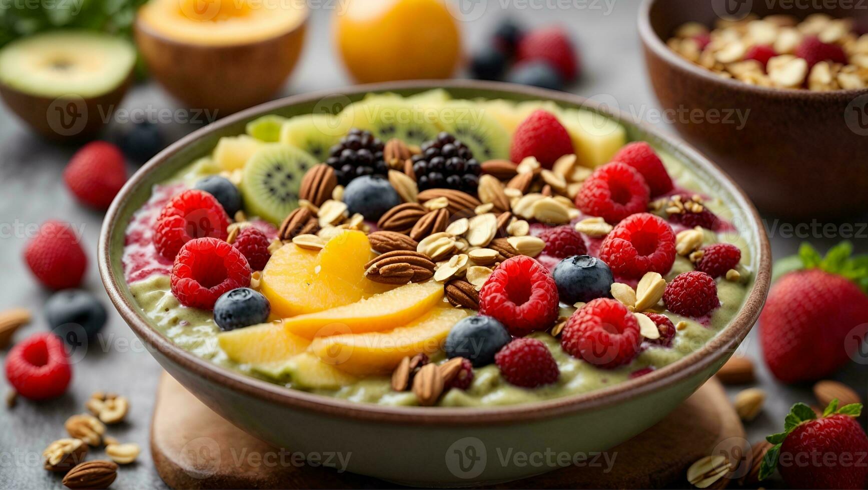 Smoothie Schüssel gekrönt mit Obst und Nüsse zum ein gesund, befriedigend Frühstück. ai generiert foto