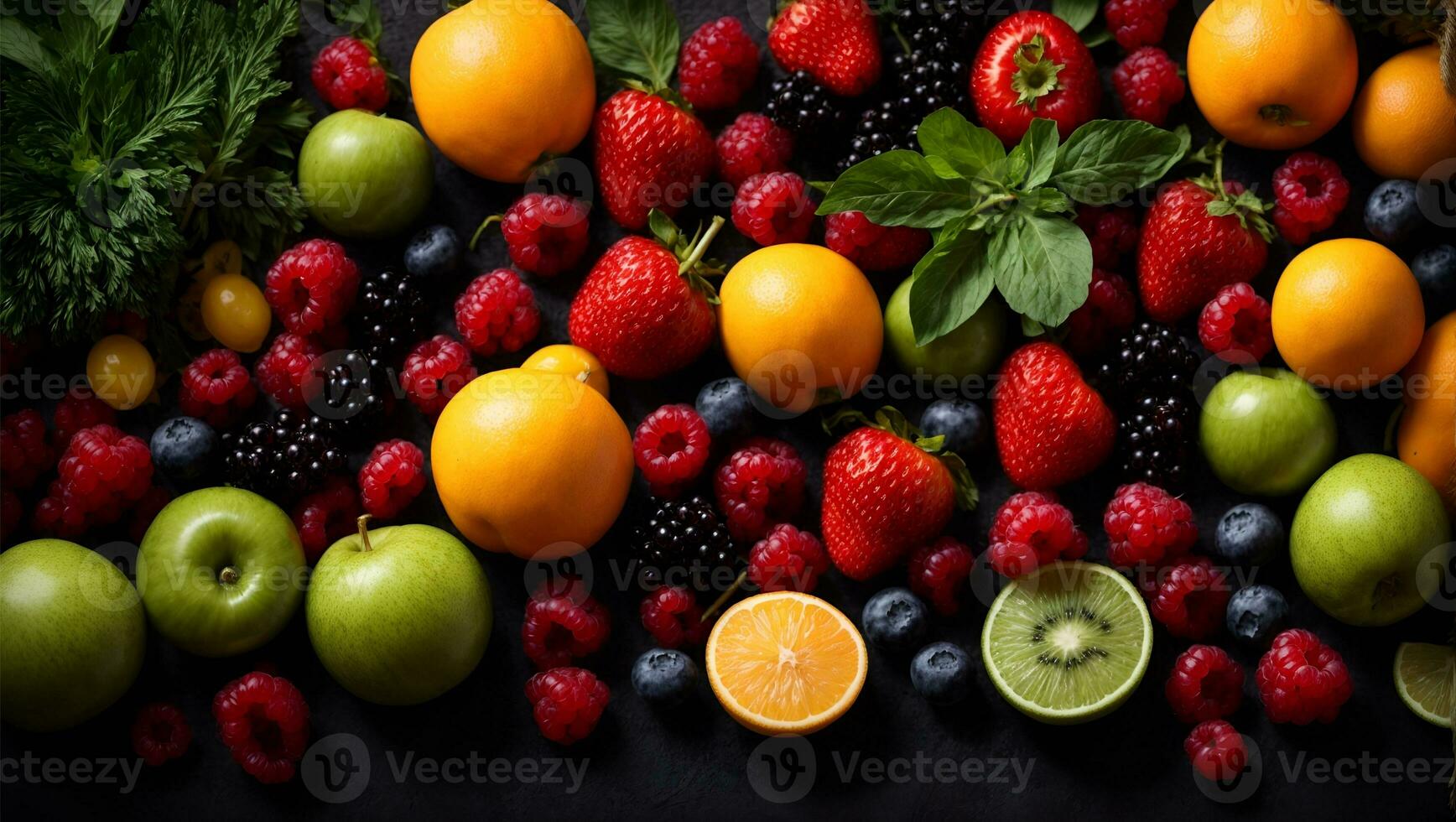 frisch Früchte, Gemüse und Beeren. auf ein schwarz Hintergrund. Banner oben Sicht. kostenlos Raum zum Ihre Text.. ai generiert foto