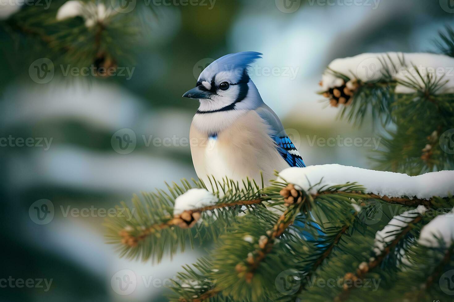 Blau Jay Vogel thront auf ein schneebedeckt Kiefer Baum Ast foto