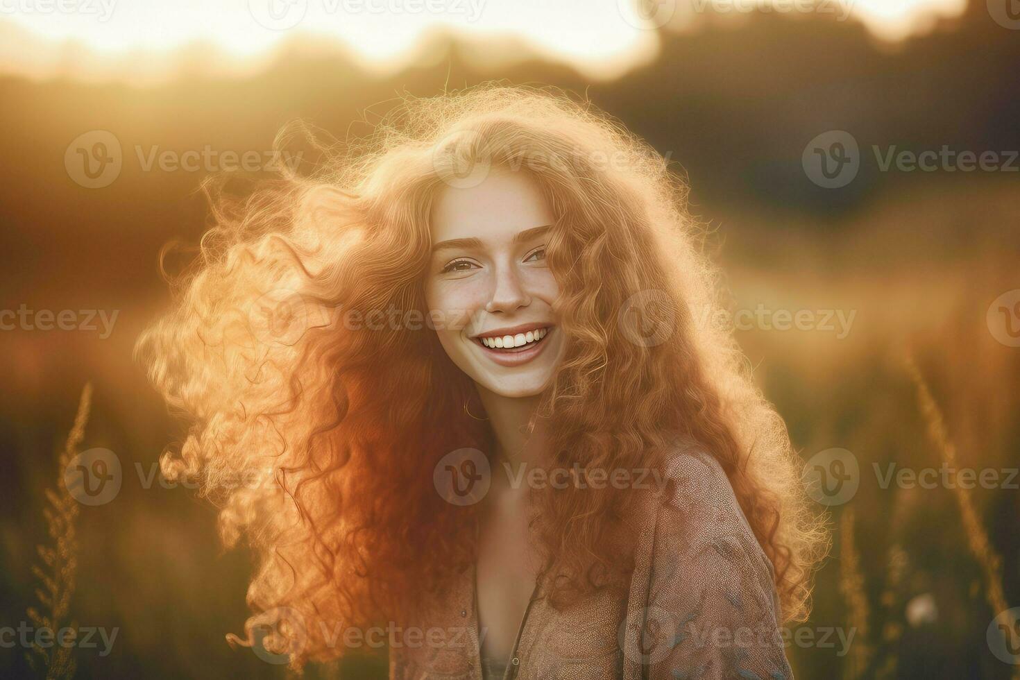 Mädchen lächelnd Feld Haar. generieren ai foto