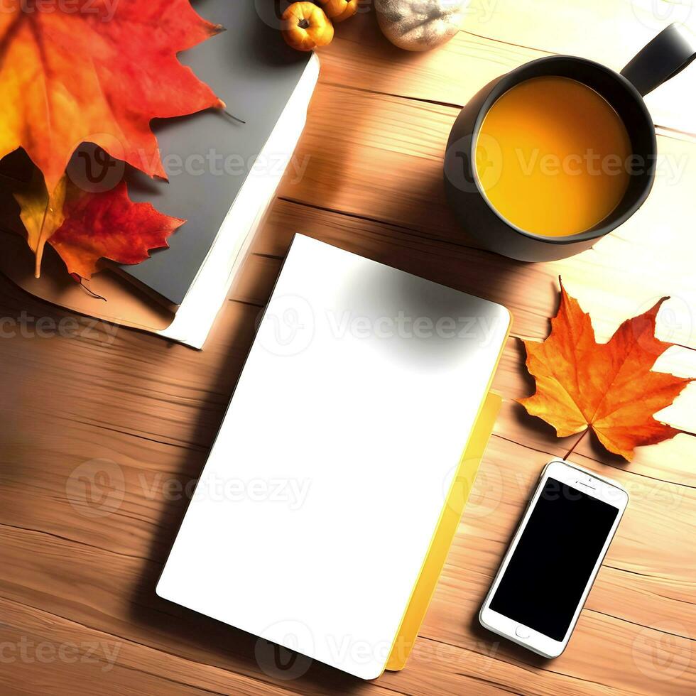 Notizbuch, Telefon, Saft und Herbst Blätter auf Schreibtisch knolling. ai generiert foto