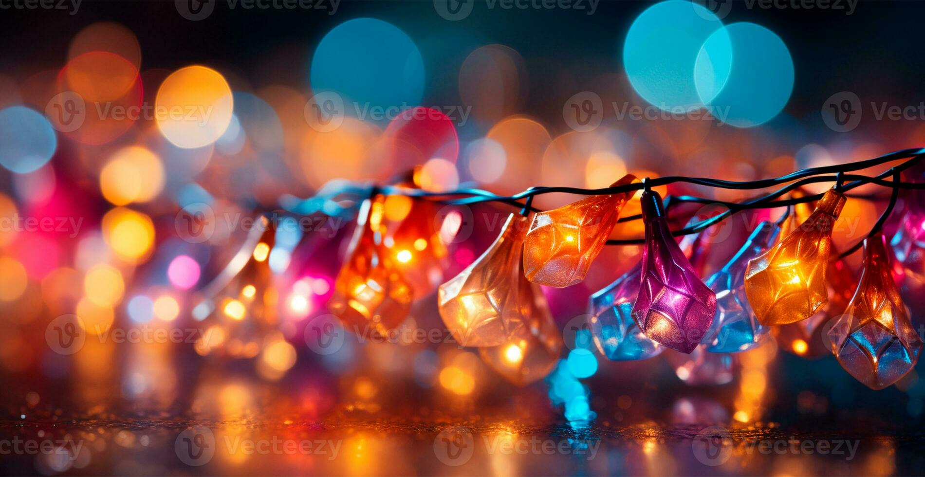 festlich hell farbig Weihnachten Girlande auf verschwommen Bokeh Hintergrund, Neu Jahr Banner - - ai generiert Bild foto