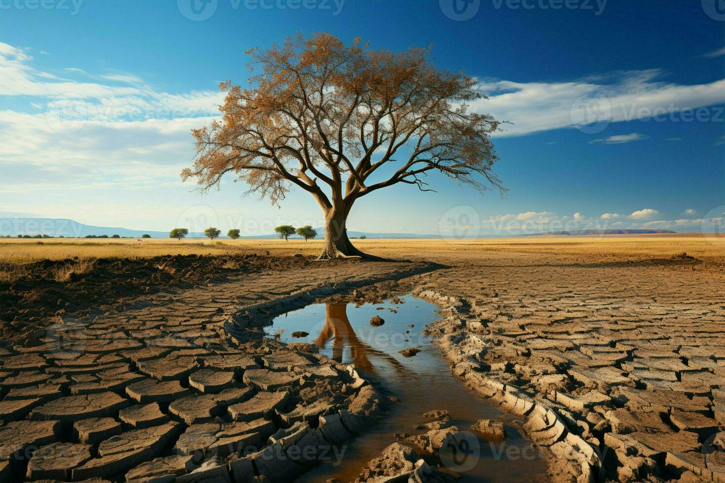 Dürre betroffen Boden Bären einsam Baum, porträtieren Klima Änderungen Wasser Mangel Einschlag ai generiert foto