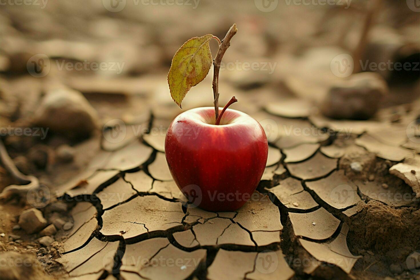 emblematisch Apfel auf trocken Erde illustriert Essen Unsicherheit, Wasser Mangel, landwirtschaftlich Krise ai generiert foto