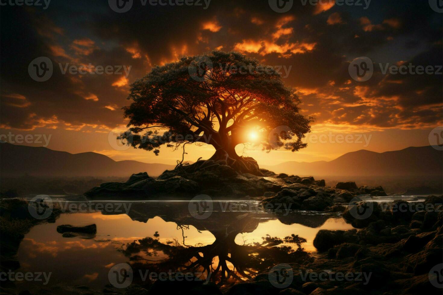 dämmert Umarmung silhouettiert Baum steht gegen Hintergrund von Sonnen strahlend Umarmung ai generiert foto