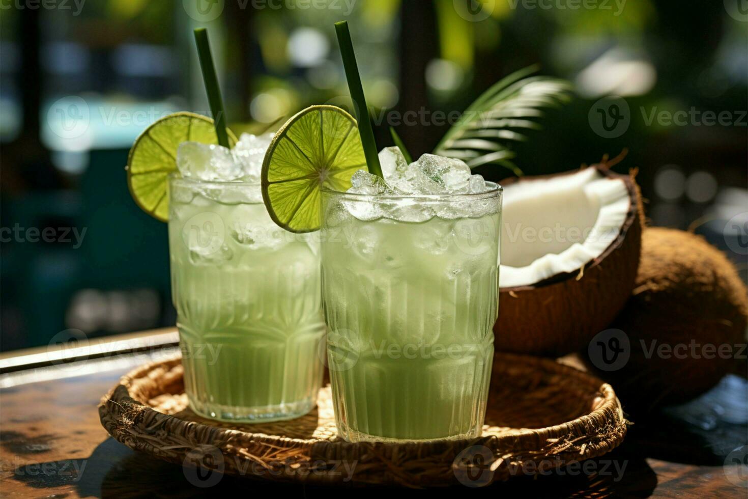 Sommer- tropisch Cocktail im frisch Grün Kokosnuss mit zwei bunt Regenschirme auf Palme Baum Blätter Hintergrund ai generiert foto