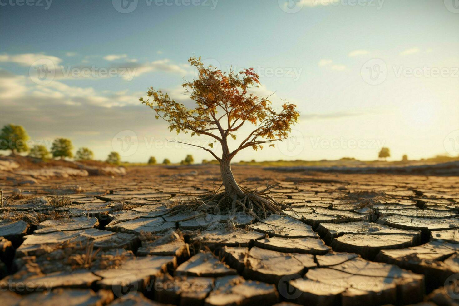 Baum auf geknackt Boden bedeutet Klima Veränderung Auswirkung, Trockenheit, und Umwelt Krise ai generiert foto