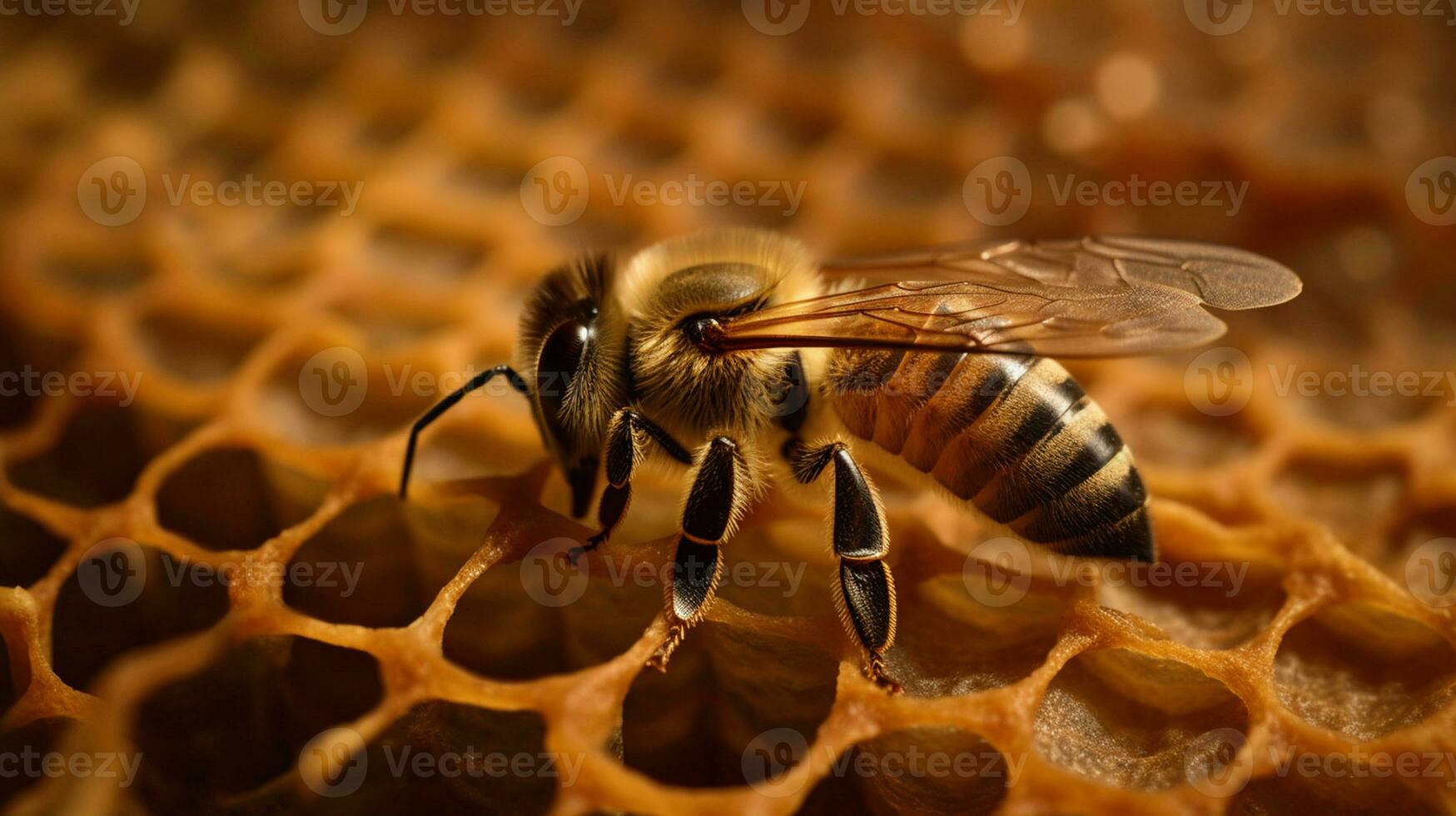 Nektarsuchend Biene auf Bienenwabe mit Kopieren Raum ai generiert foto