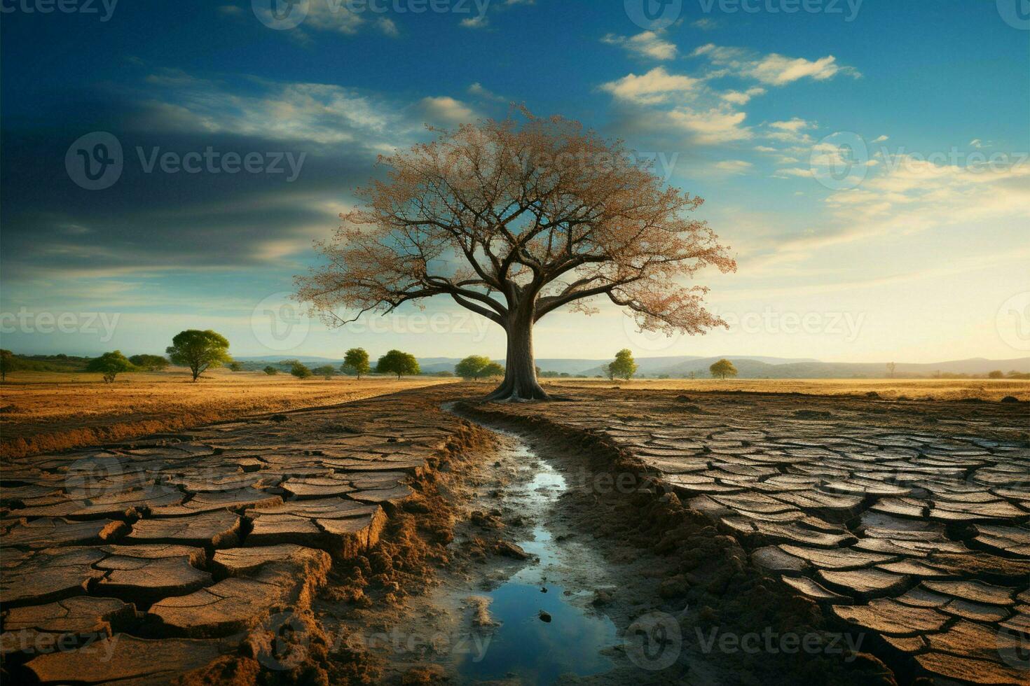 ikonisch Baum auf geknackt Boden verkörpert Klima Krise, global Erwärmen induziert Wasser Knappheit ai generiert foto