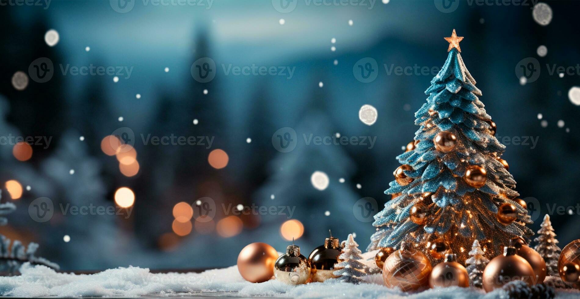 Neu Jahr Urlaub Konzept. groß Weihnachten Baum dekoriert mit Bälle und Girlande - - ai generiert Bild foto