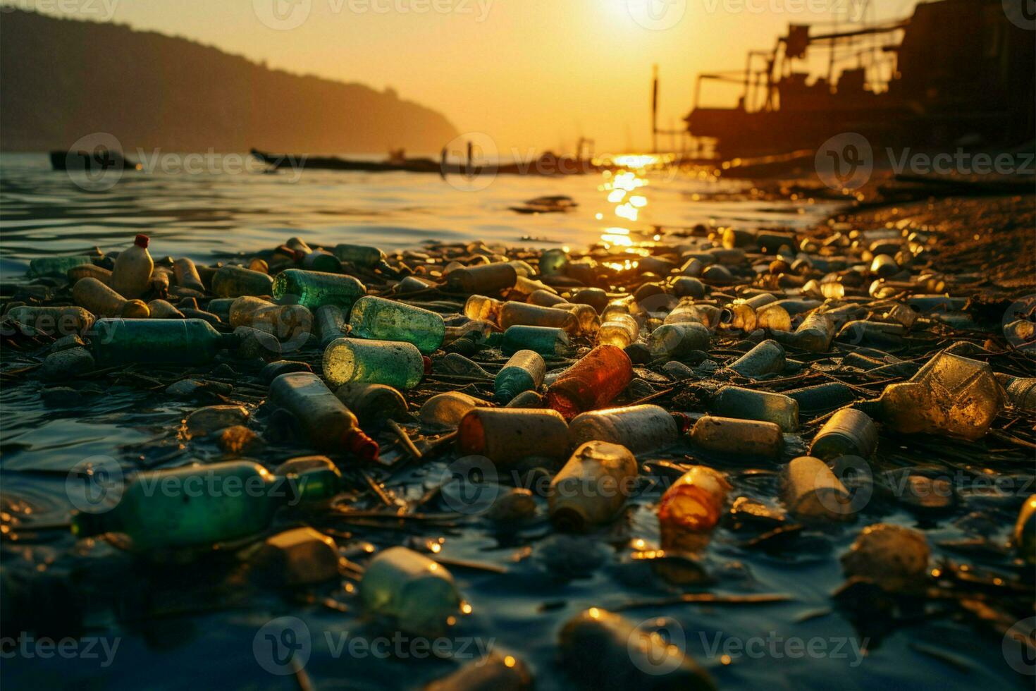 sandig Weite beschädigt durch verworfen Flaschen und Müll, präsentieren Strand Verschmutzungen Schaden ai generiert foto