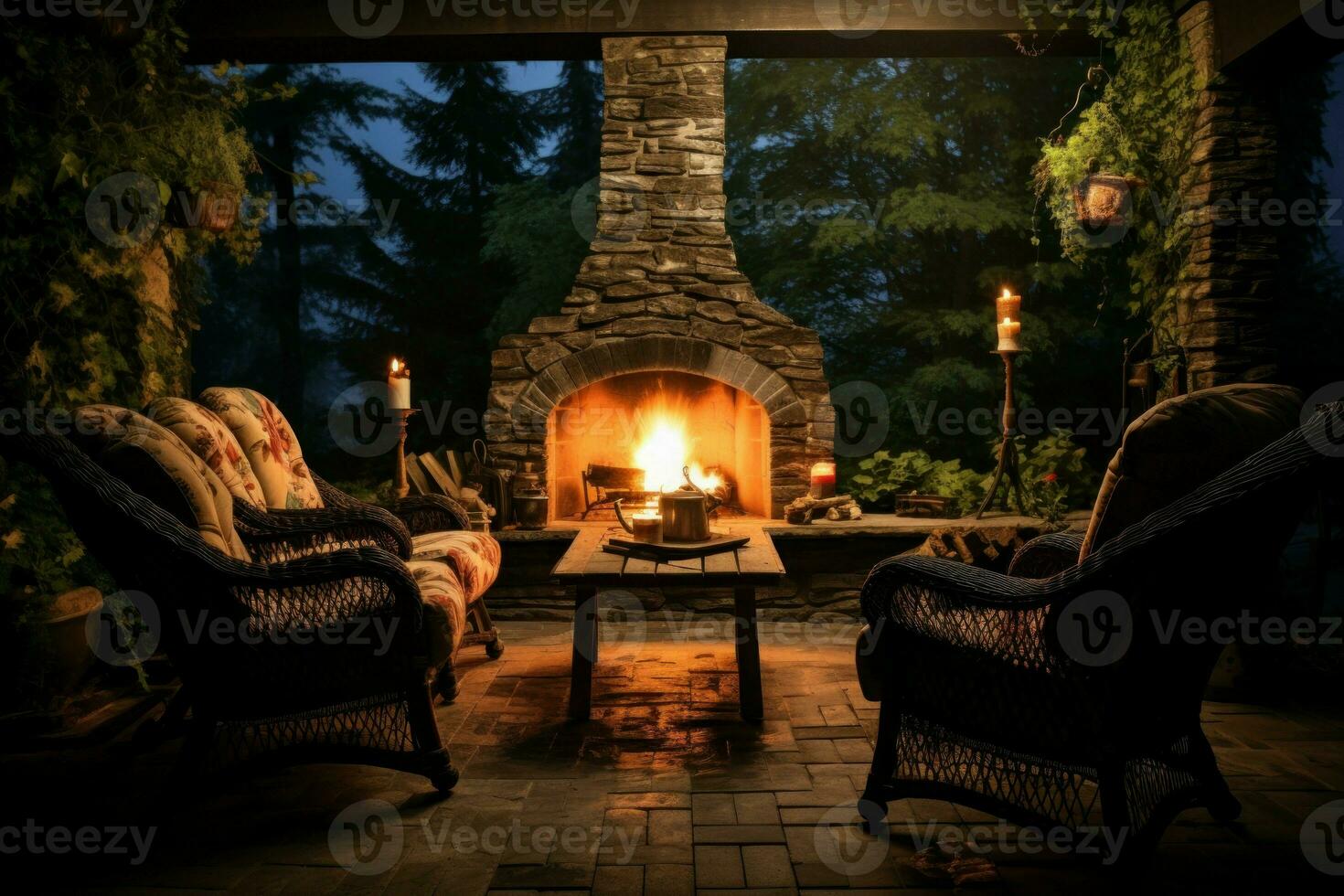 Hinterhof Kamin Holz Stühle. generieren ai foto