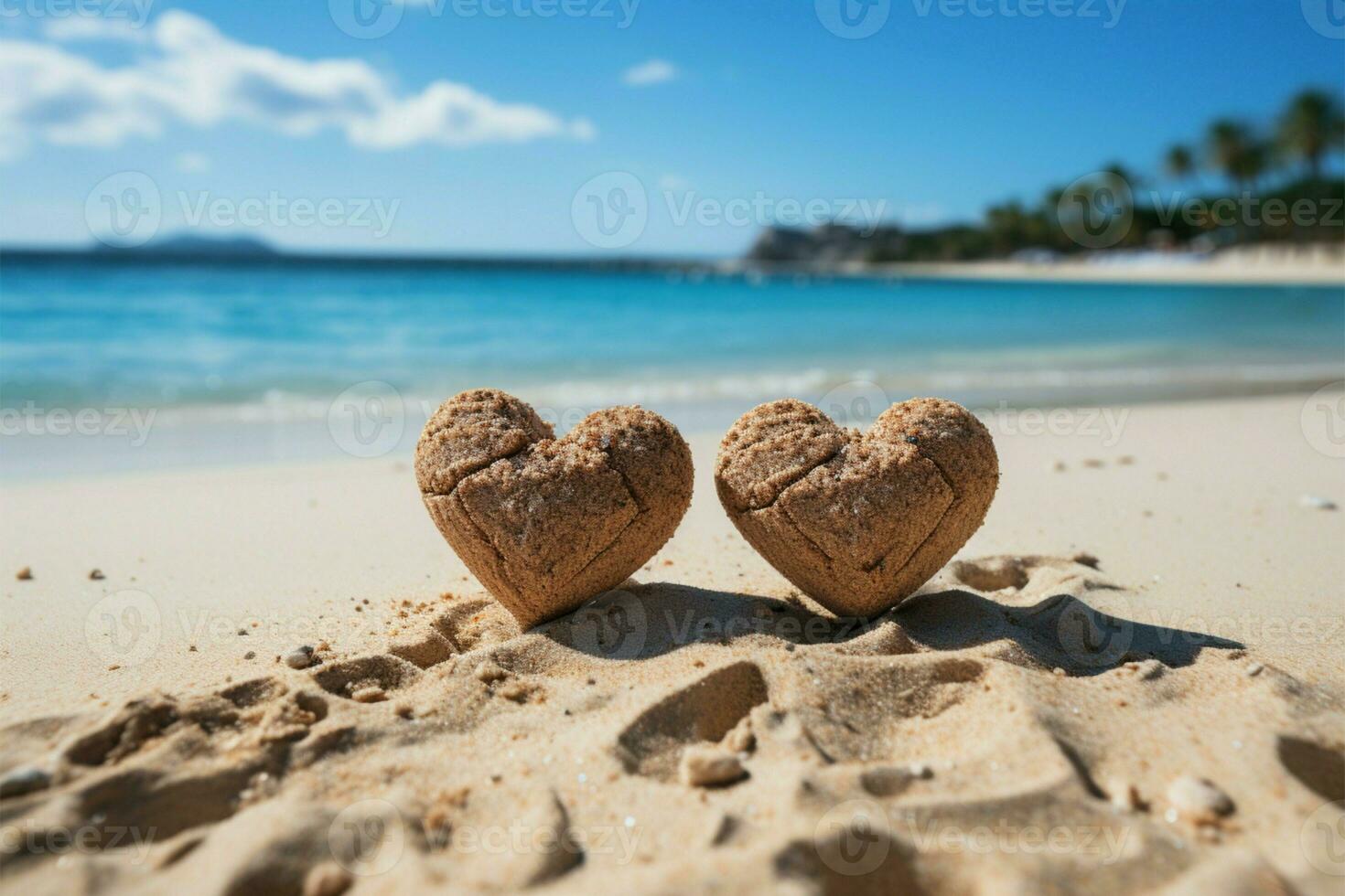 tropisch Romantik Sand Gastgeber handgeschrieben Herzen gegen ein heiter Strand Hintergrund ai generiert foto
